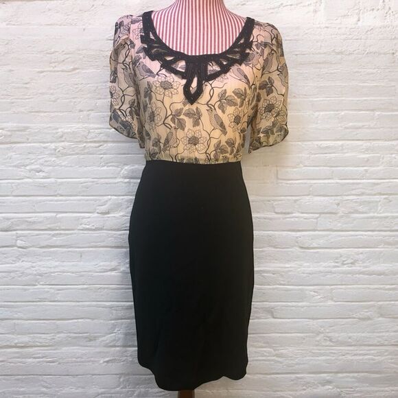 Anthropologie Whimsical Silk Dress Birds Flowers Retro Pencil Eva Franco Size 4 - Picture 2 of 10